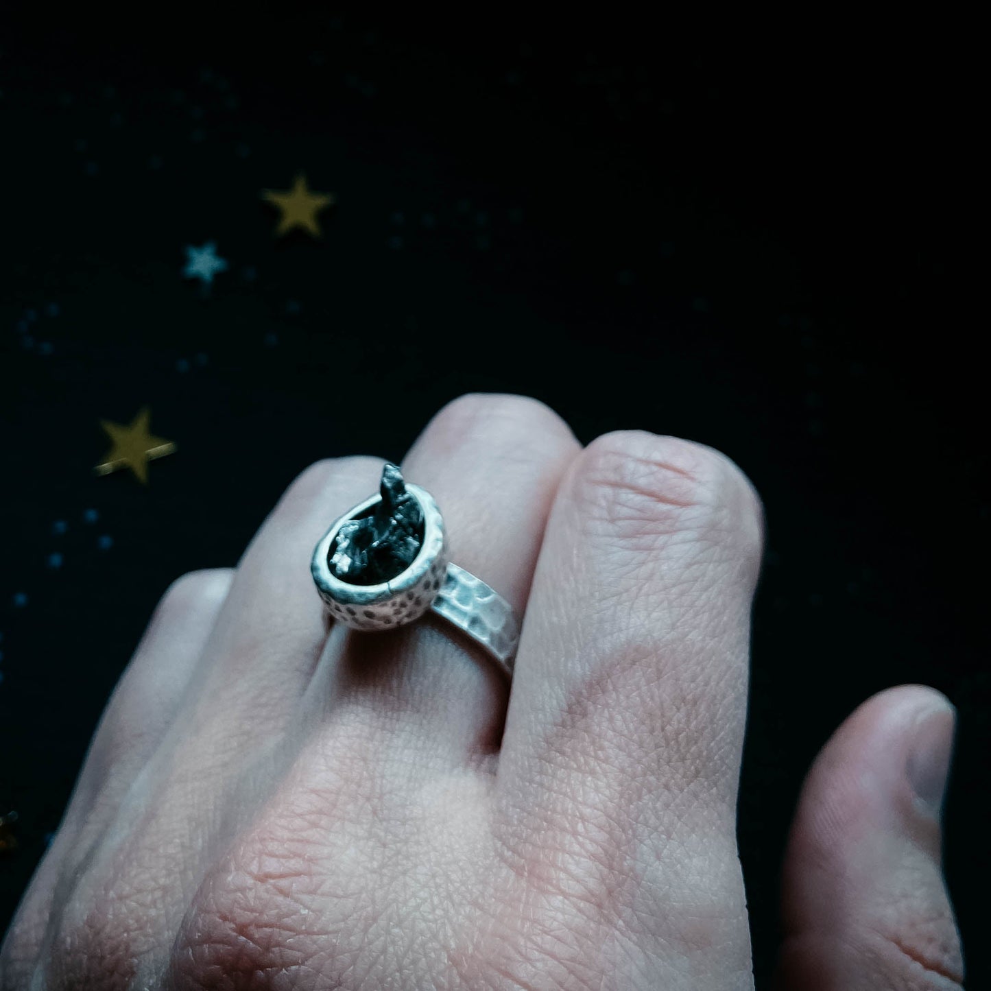 Handmade Chunky Teardrop Raw Meteorite Ring in Silver