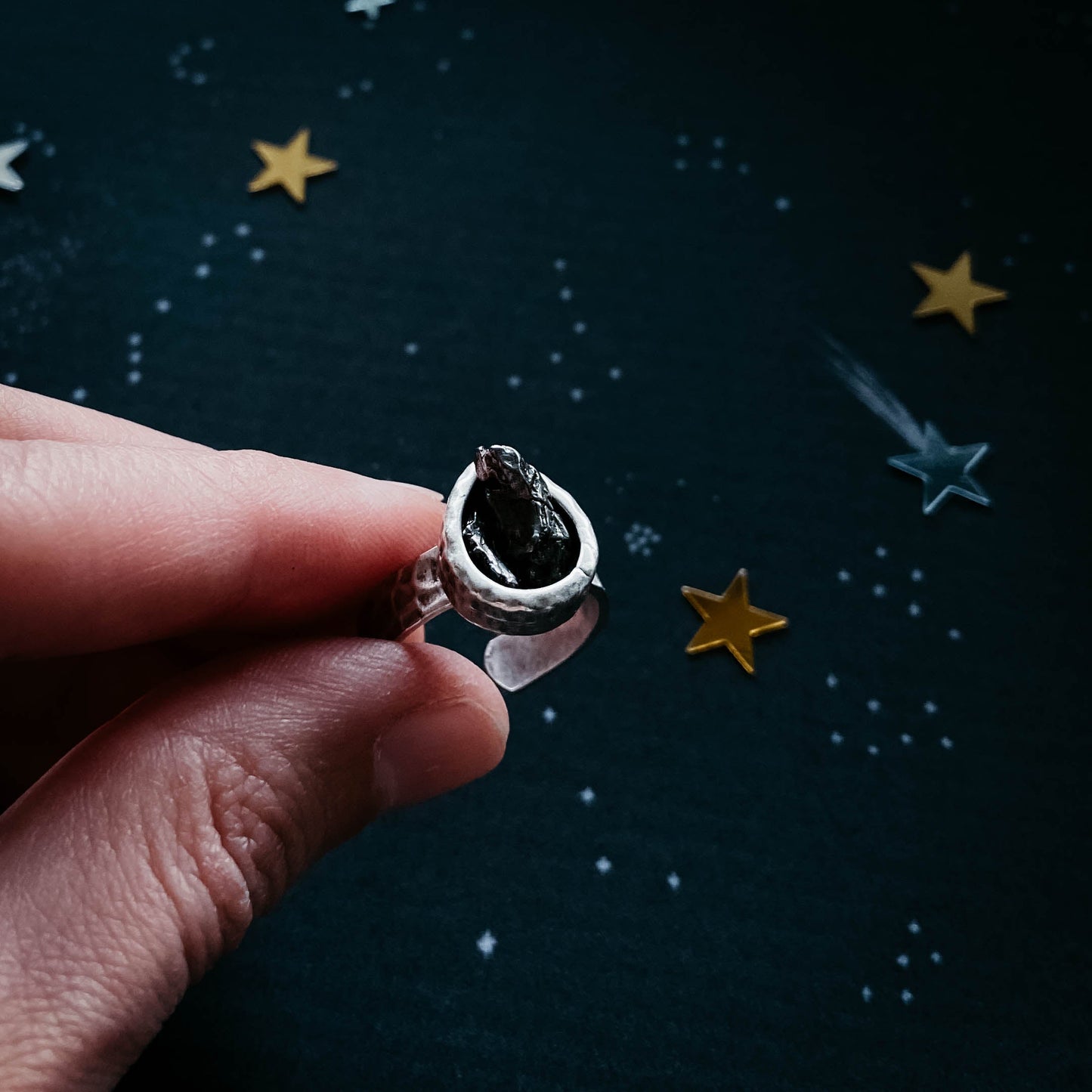 Handmade Chunky Teardrop Raw Meteorite Ring in Silver