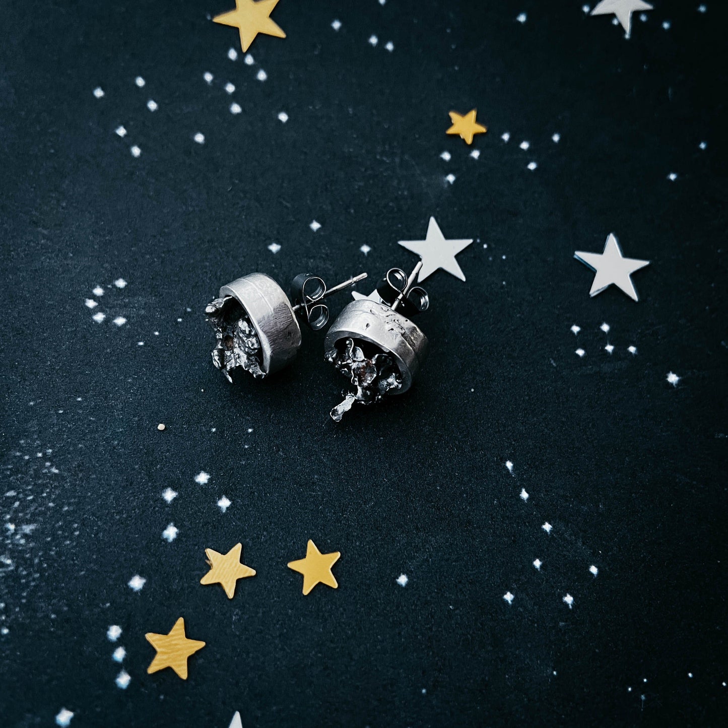 Handmade Small Round Raw Meteorite Dangle or Stud Earrings