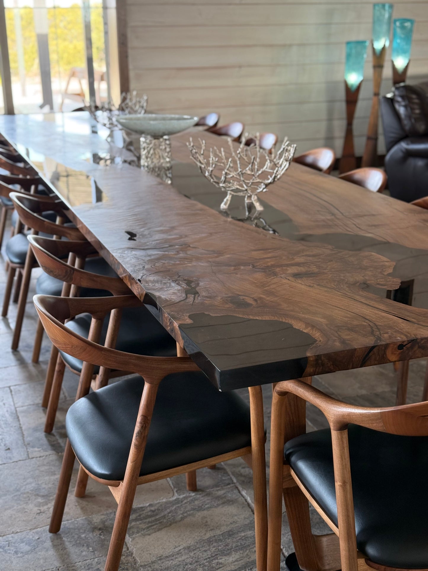 Epoxy Resin River Dining Table | Walnut Wood Leg