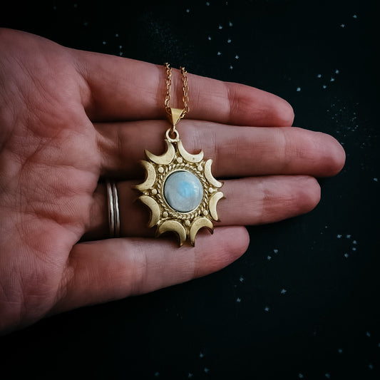 Handmade Lunar Necklace | Rainbow Moonstone Pendant