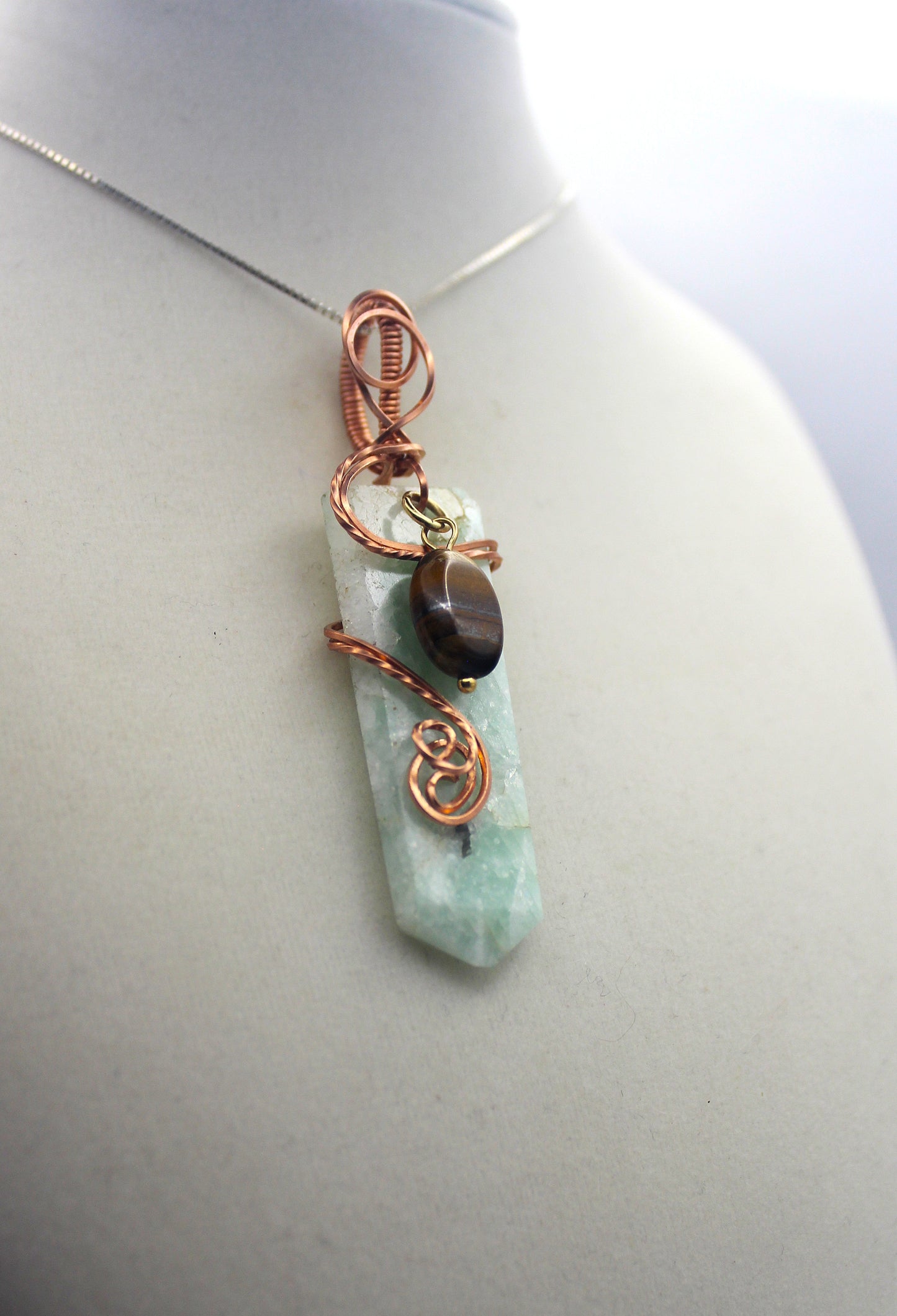 Raw Copper & Drilled Amazonite Tiger's Eye Pendant Necklace