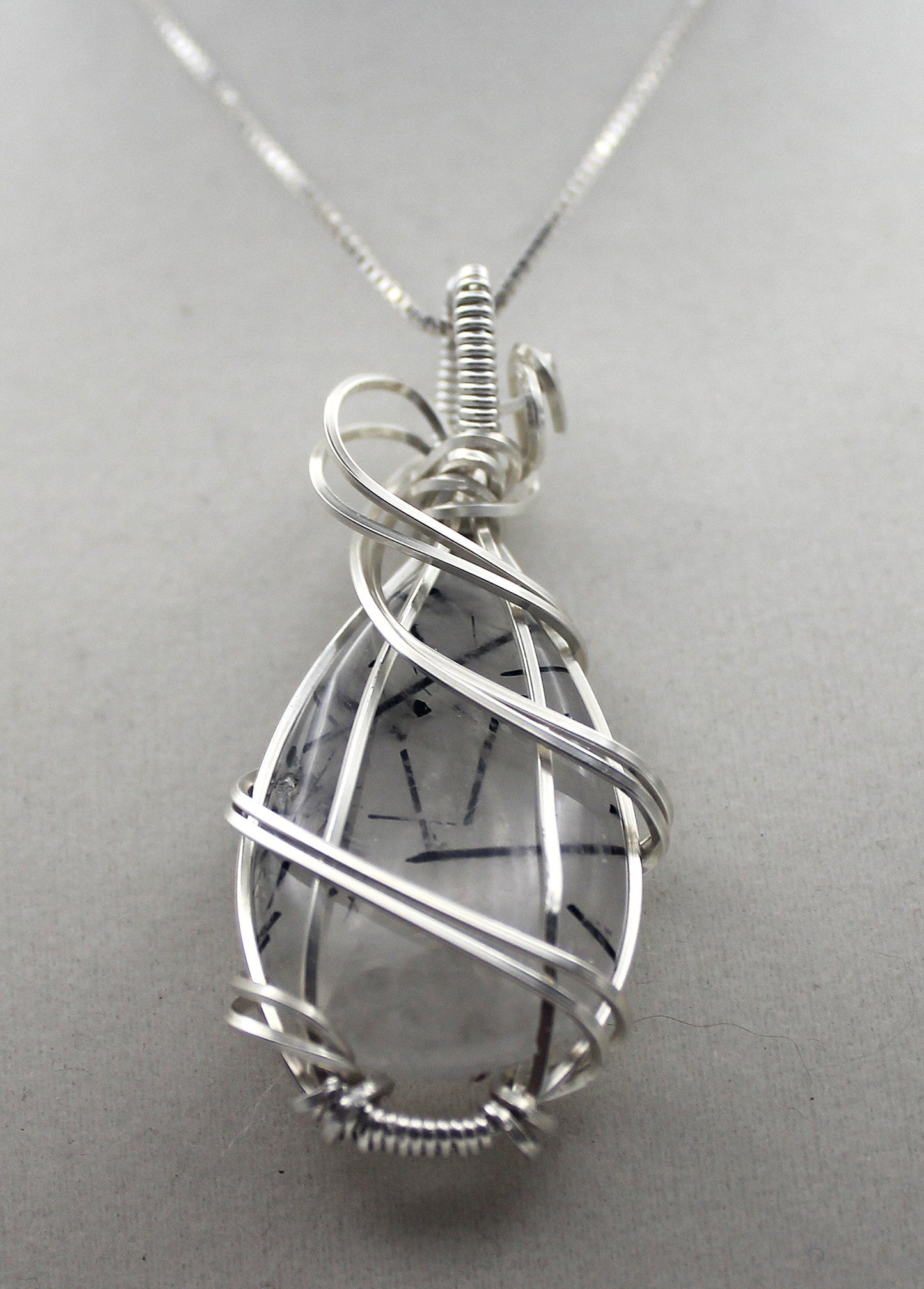 Silver & Black Rutilated Quartz | Teardrop Pendant Necklace