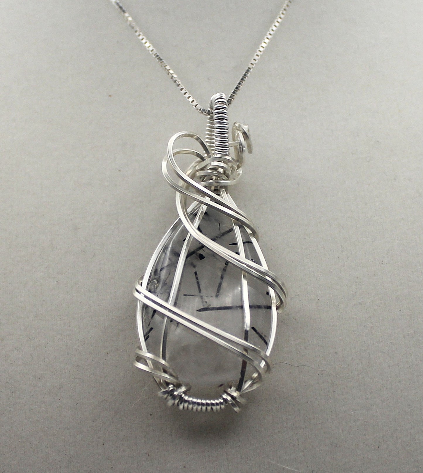 Silver & Black Rutilated Quartz | Teardrop Pendant Necklace
