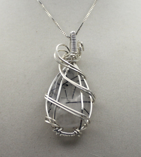 Silver & Black Rutilated Quartz | Teardrop Pendant Necklace