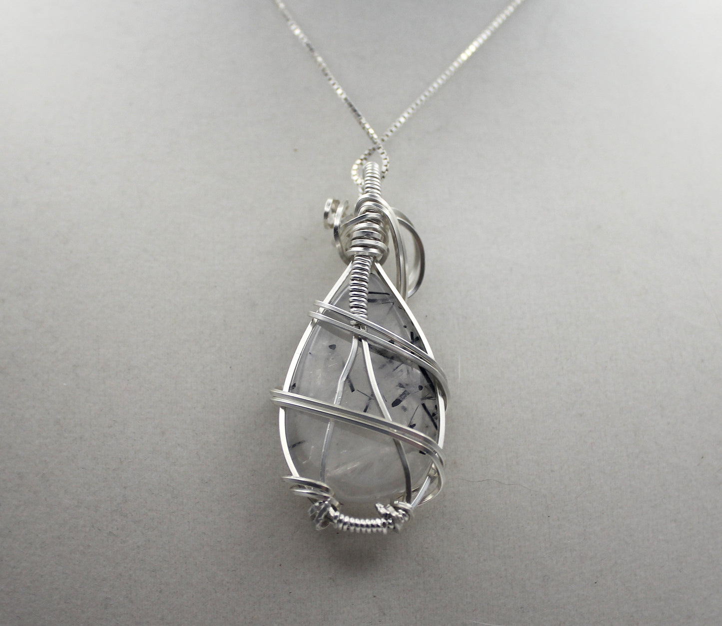Silver & Black Rutilated Quartz | Teardrop Pendant Necklace