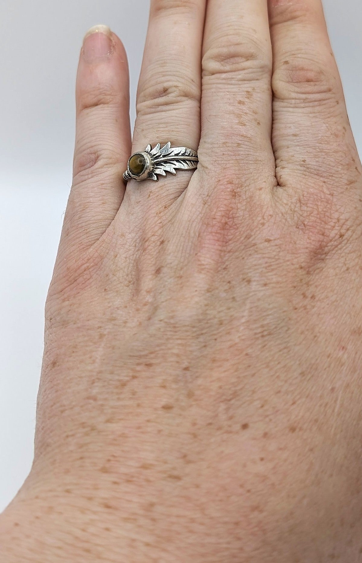 Tiger's Eye Feather Silver Ring