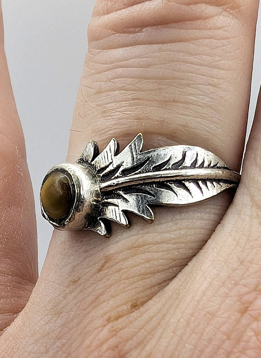 Tiger's Eye Feather Silver Ring
