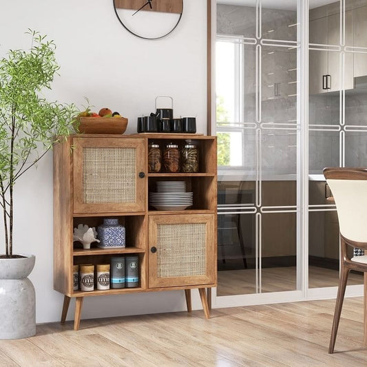 Mid-Century Modern Wood Sideboard | Buffet | Storage Cabinet | Rattan Doors