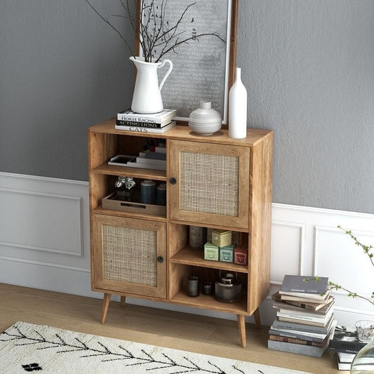 Mid-Century Modern Wood Sideboard | Buffet | Storage Cabinet | Rattan Doors