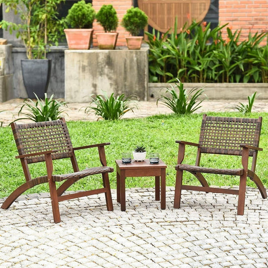 Solid Wood and Rattan 3-Piece Outdoor Patio Furniture Table Chairs Set-0