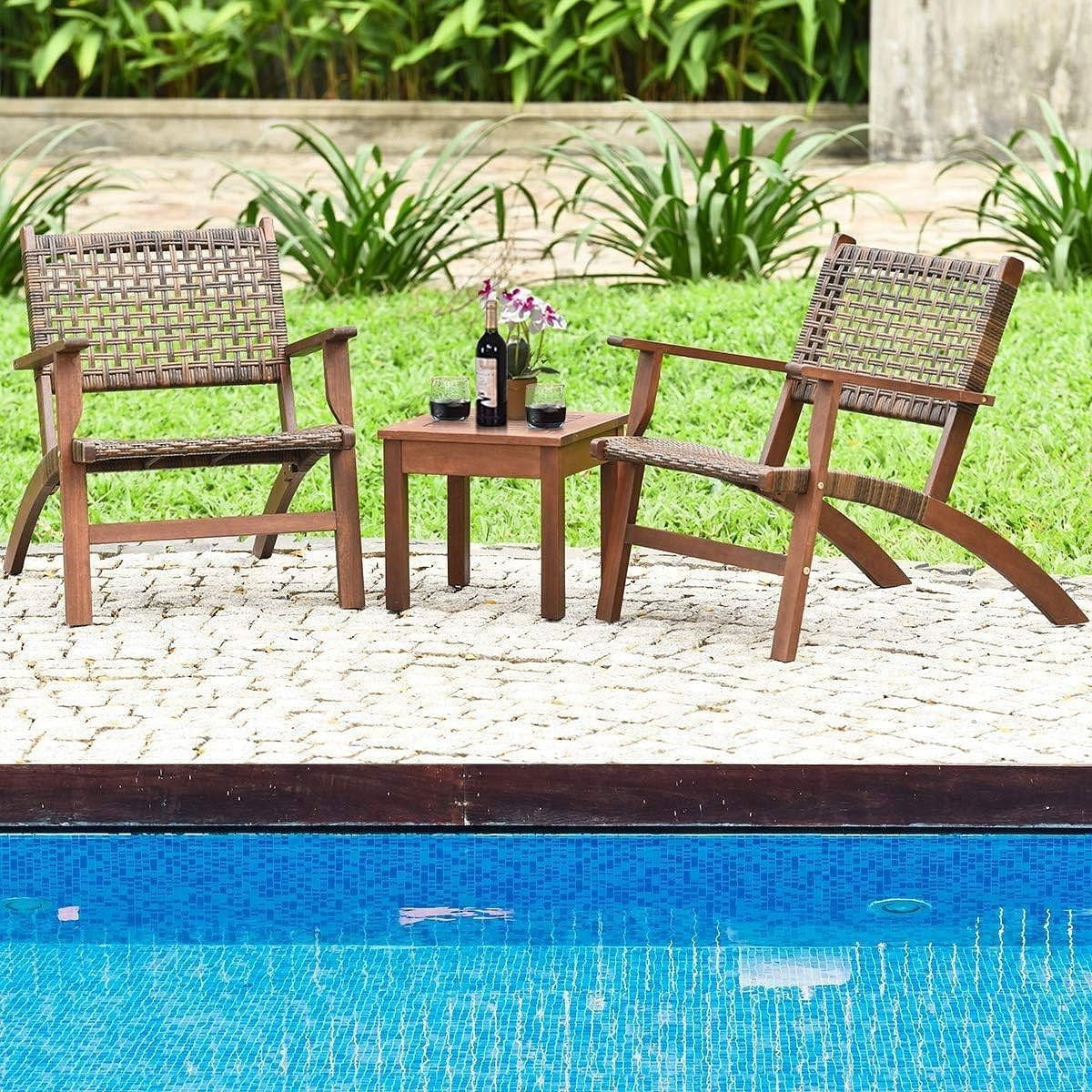 Solid Wood and Rattan 3-Piece Outdoor Patio Furniture Table Chairs Set-1