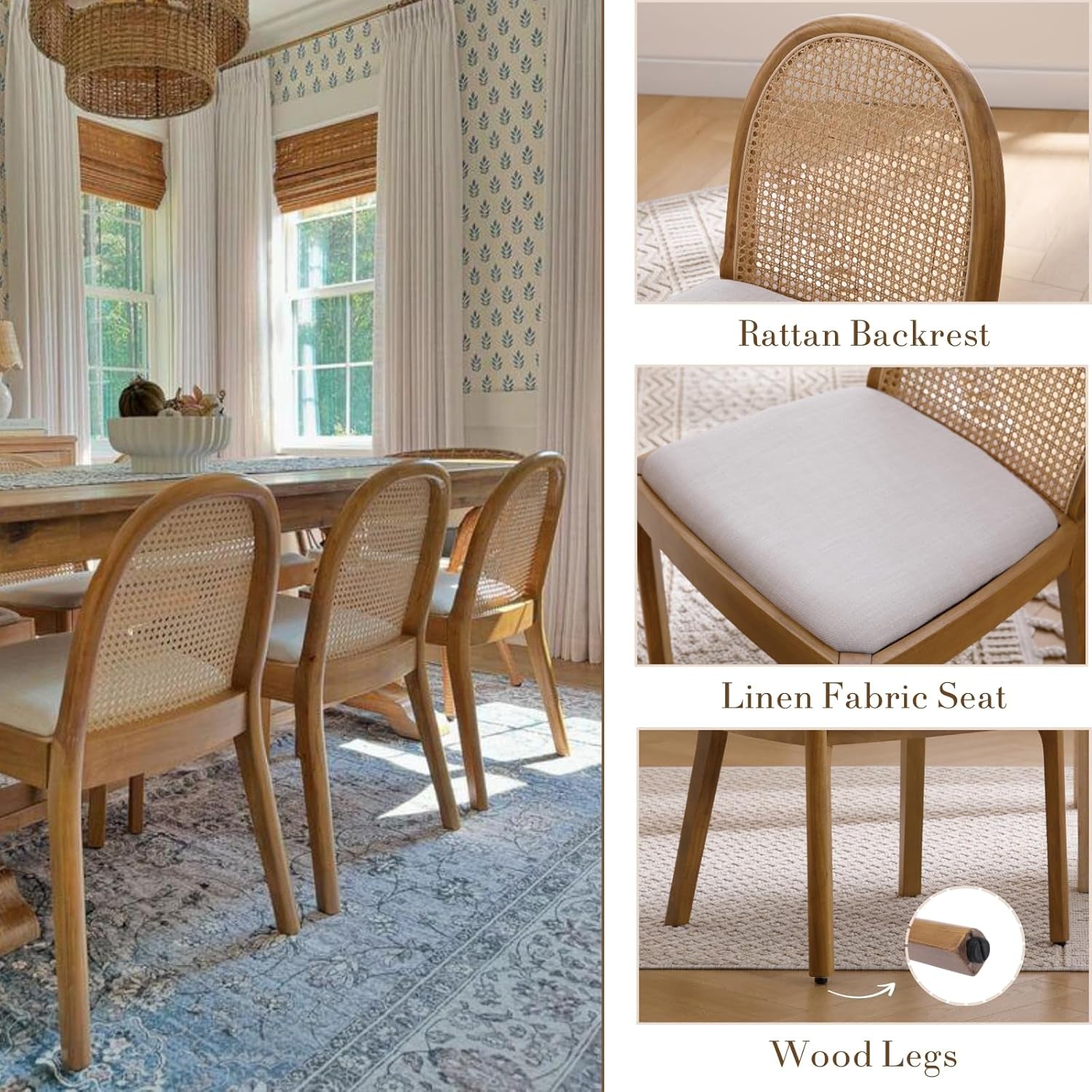 Beige Rattan Dining Chairs Featuring Contemporary Wood-3