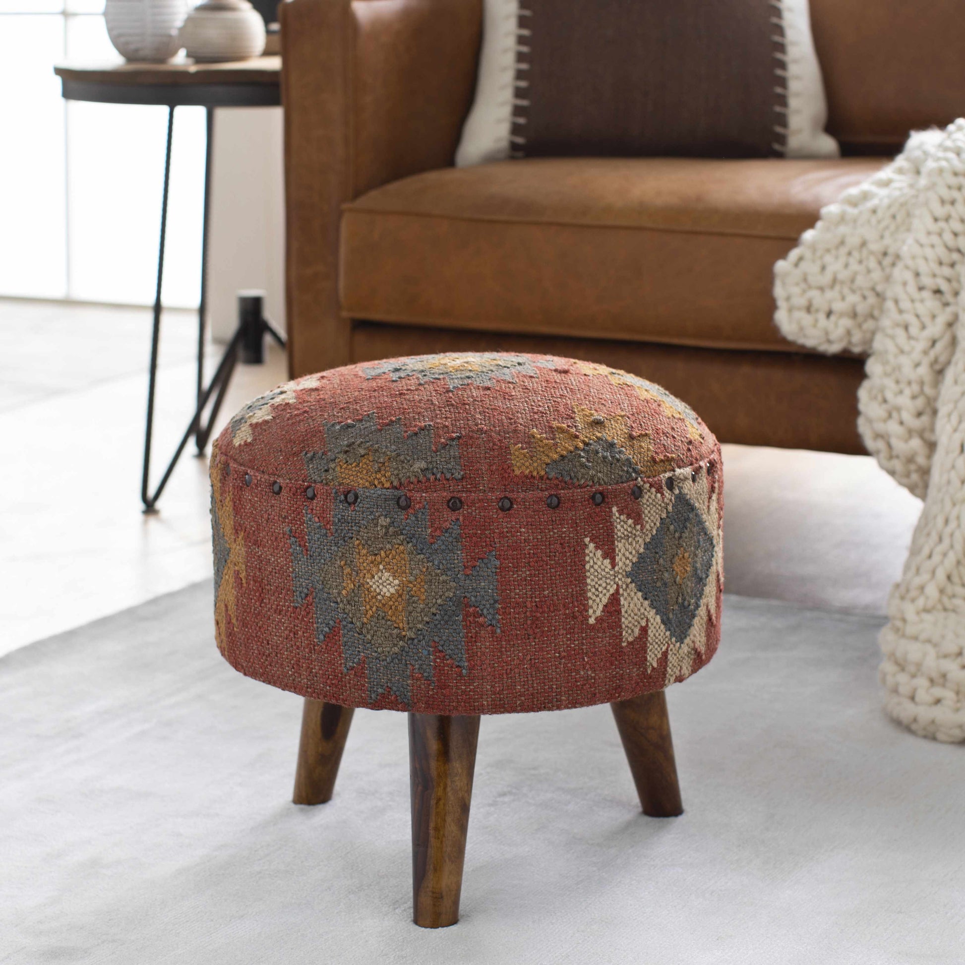 Brick Red Wood Frame Ottoman Stool-2