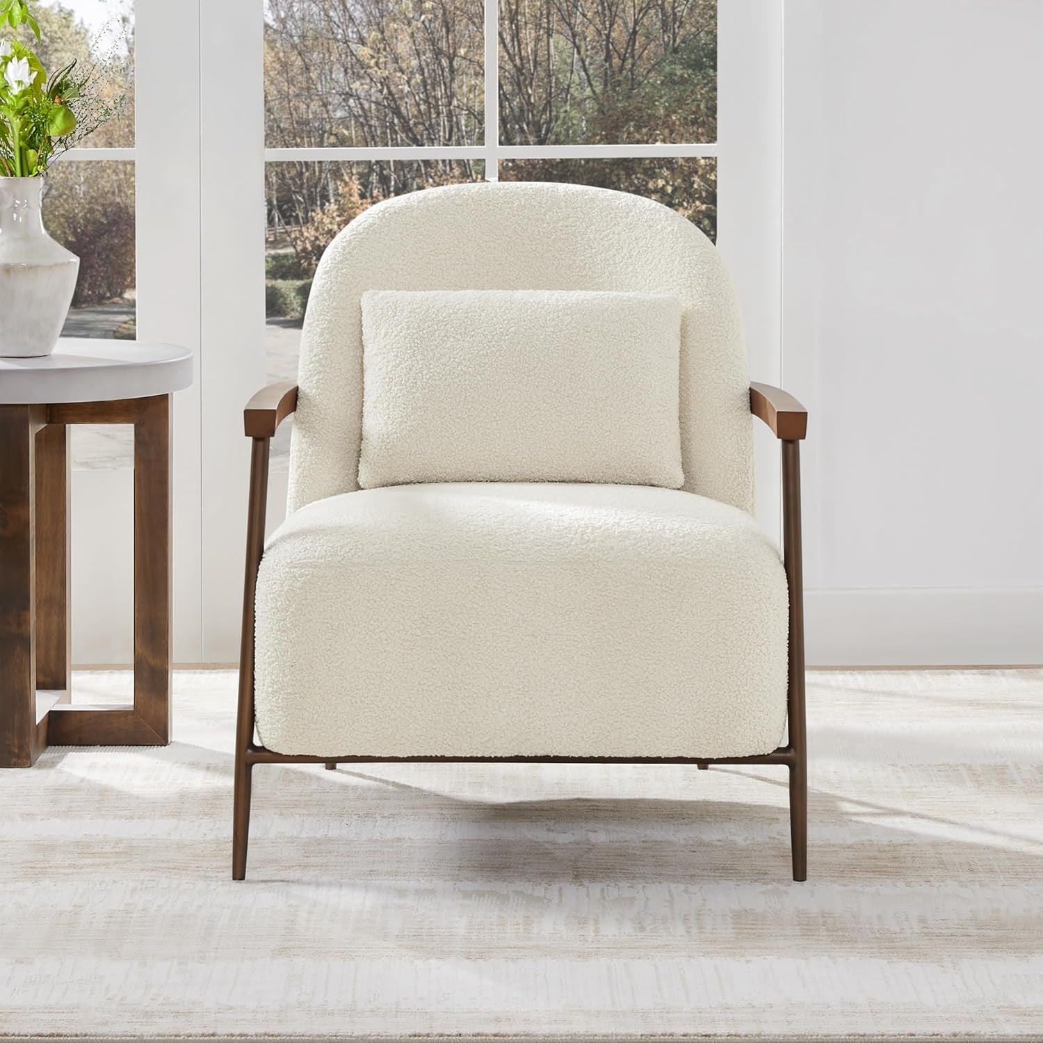 Ivory Faux Sherpa Armchair With Metallic Framework-3