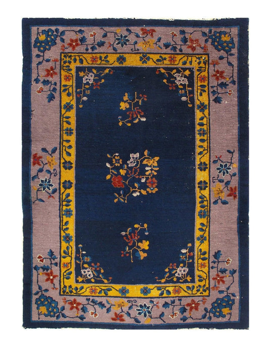 Canvello Genuine Handmade Rug Navy Blue Salmon Vintage Chinese Art Deco Area Rug for Living Room Home Decor Antique Rug - 4'2'' X 5'11''-1