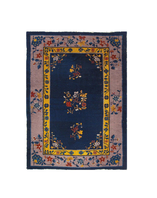 Canvello Genuine Handmade Rug Navy Blue Salmon Vintage Chinese Art Deco Area Rug for Living Room Home Decor Antique Rug - 4'2'' X 5'11''-0