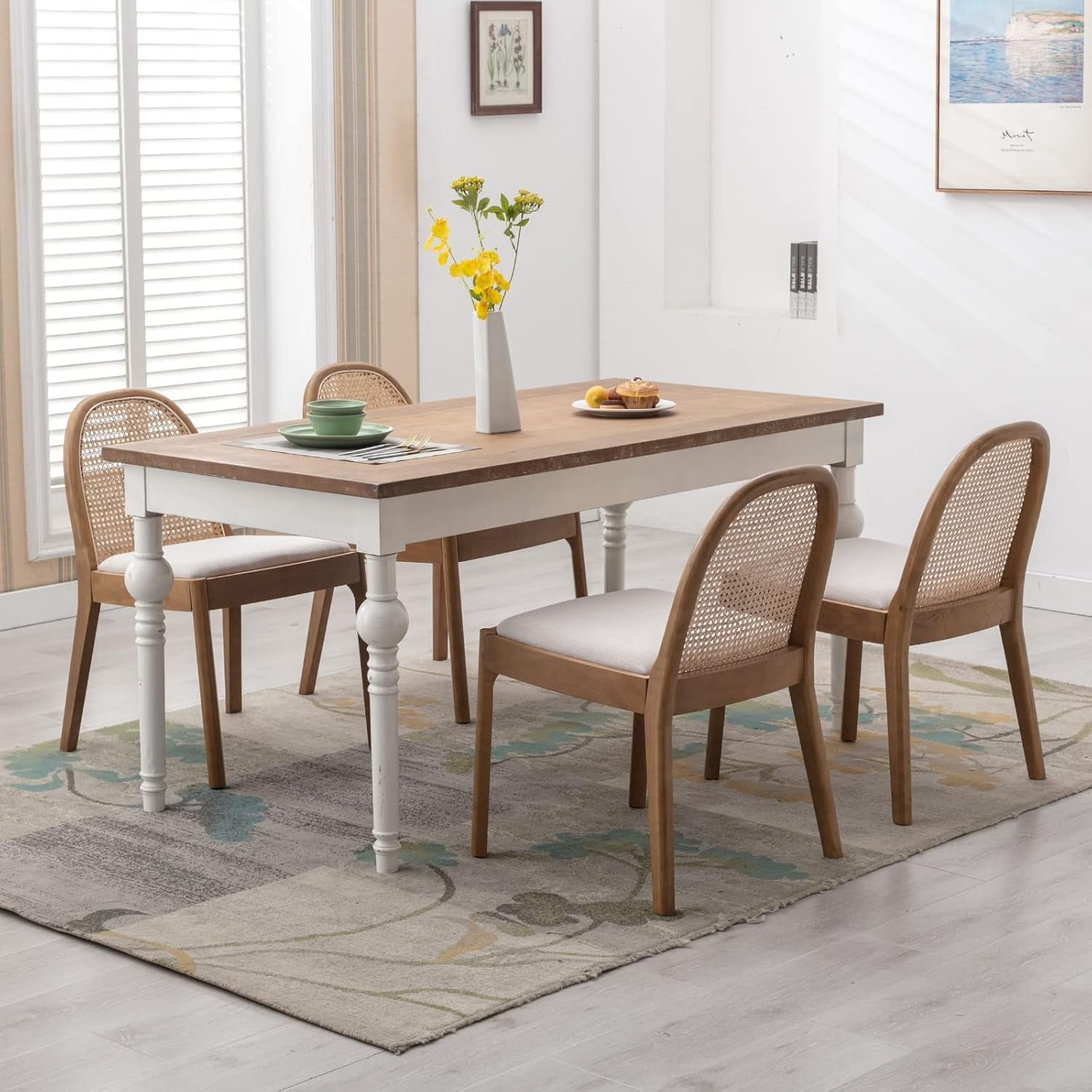 Beige Rattan Dining Chairs Featuring Contemporary Wood-1
