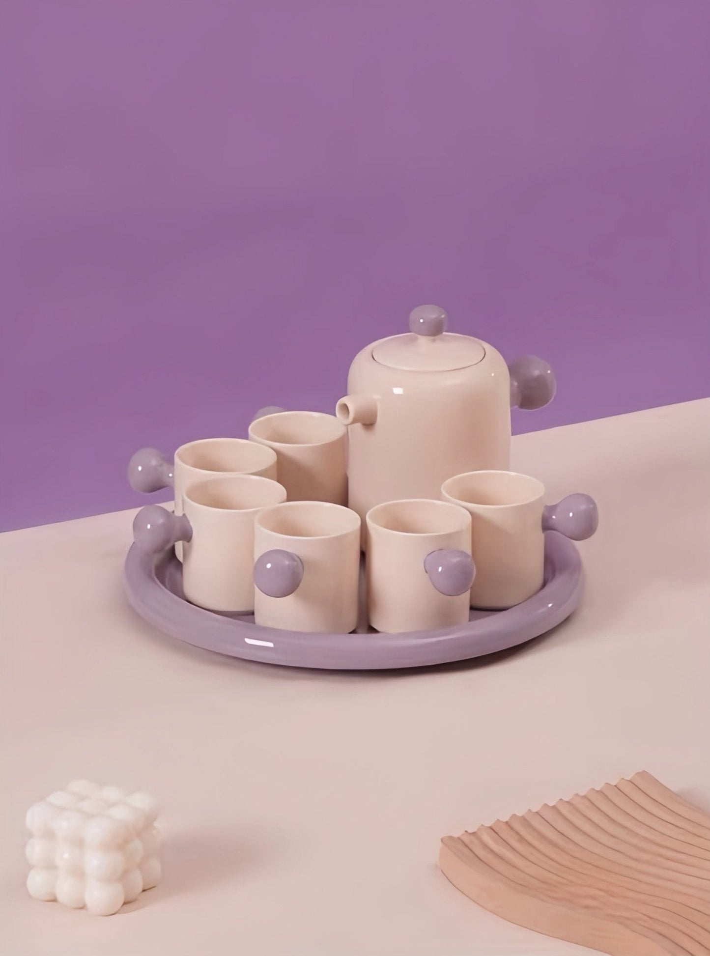 Cute Whimsical Tea Pot & Teacups | Set Of 8 Pcs | Handmade Ceramic