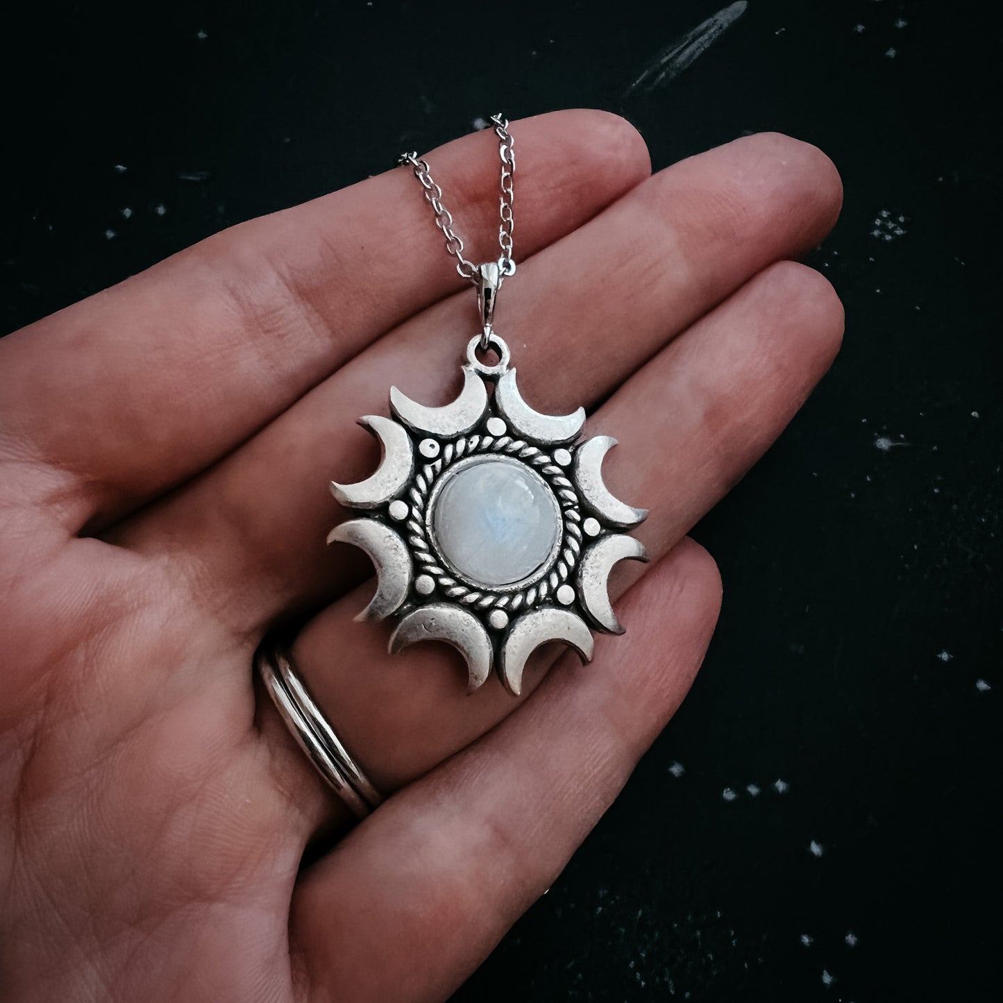 Handmade Lunar Necklace | Rainbow Moonstone Pendant
