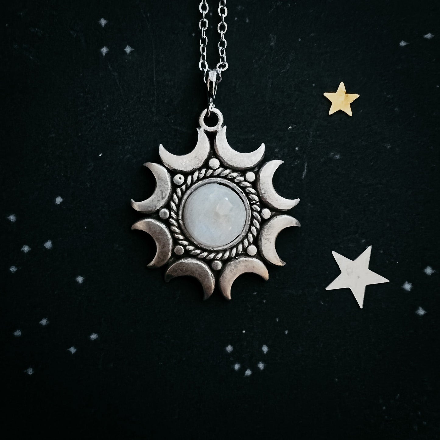 Handmade Lunar Necklace | Rainbow Moonstone Pendant