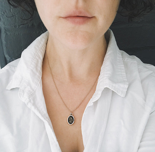 Handmade Oval Raw Meteorite Pendant Necklace in Matte Brushed Silver