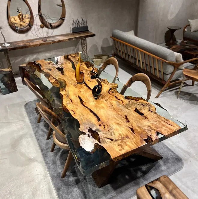 Solid Linden Wood | Natural Look | Epoxy Resin Dining Table