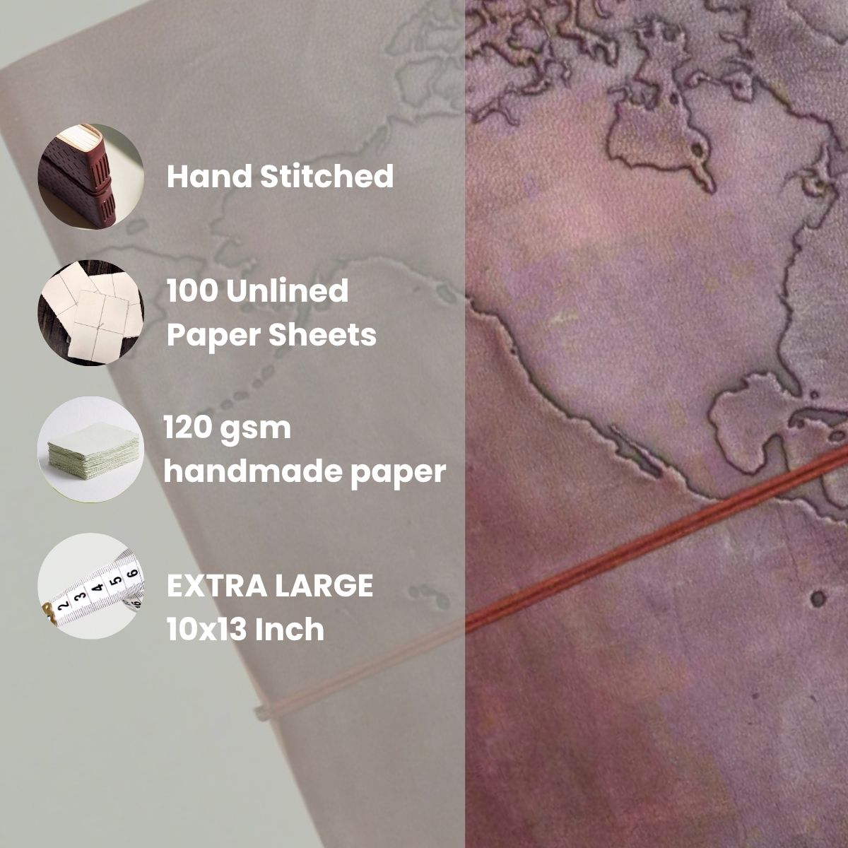 World Map | 14x11 | Large | Handmade Leather Journal | Sketch Pad
