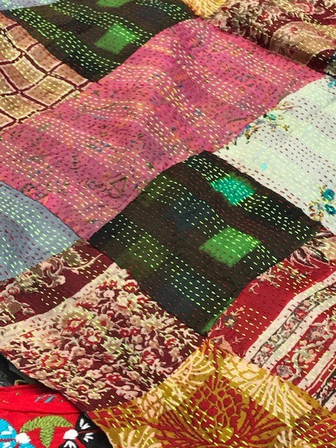 Vintage Silk Saree Kantha throw - Hand Stitched Upcycled-0