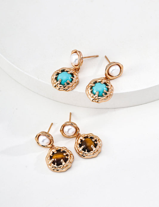 Vintage Style Gold Turquoise & Pearl Earrings